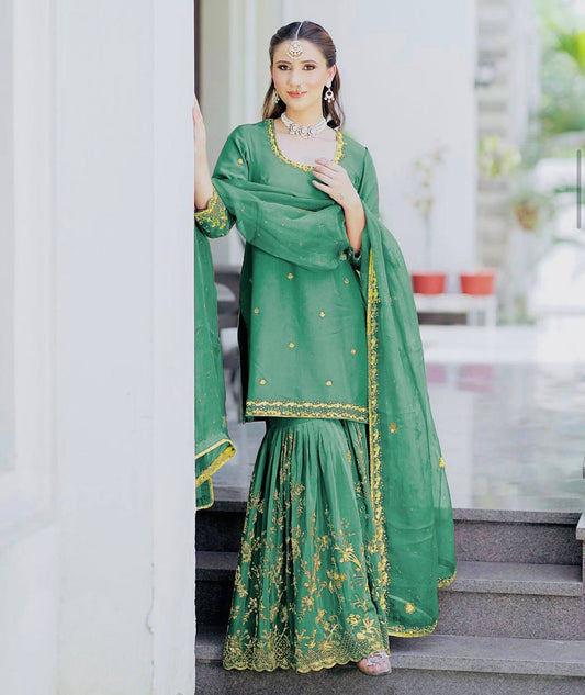 Exotic Chinon Silk Embroidery Work Green Color Sharara Suit
