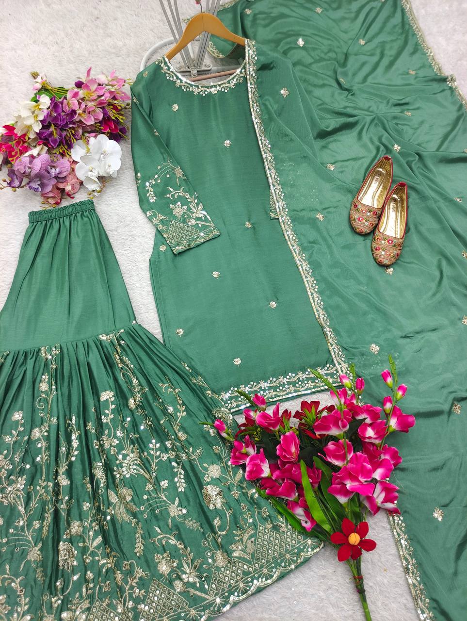 Exotic Chinon Silk Embroidery Work Green Color Sharara Suit