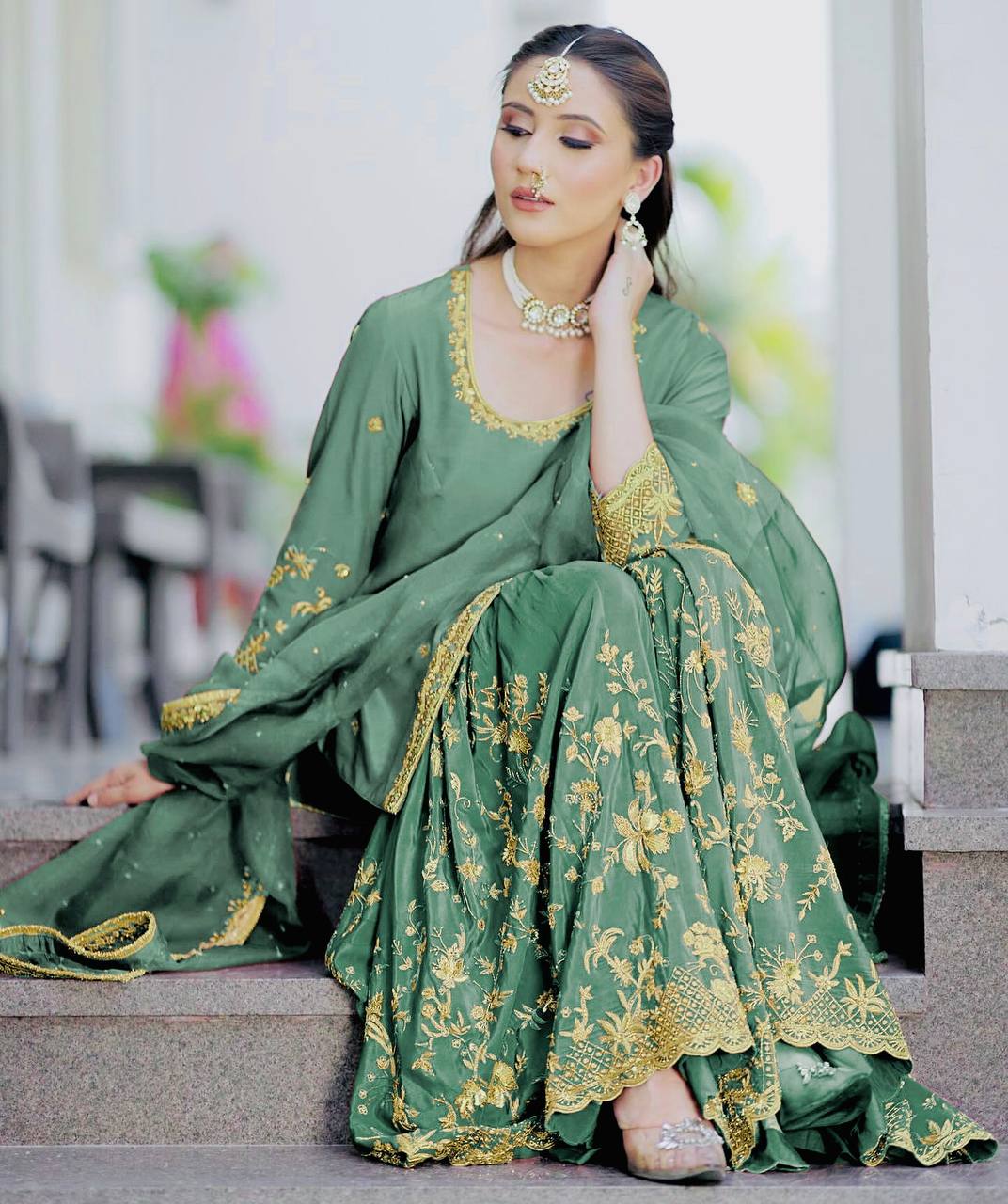 Exotic Chinon Silk Embroidery Work Green Color Sharara Suit