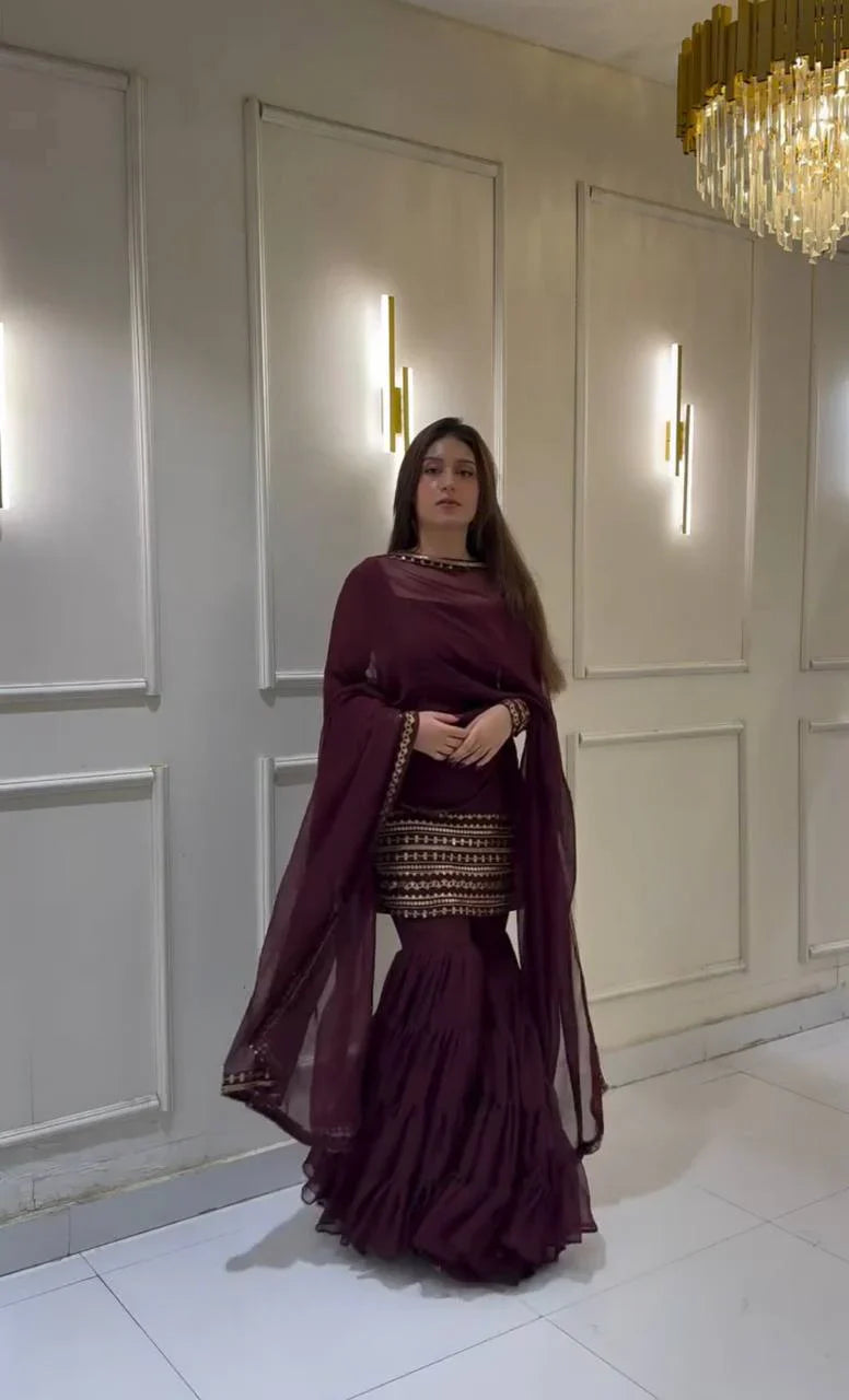 Demanding Embroidery Work Wine Color Sharara Suit