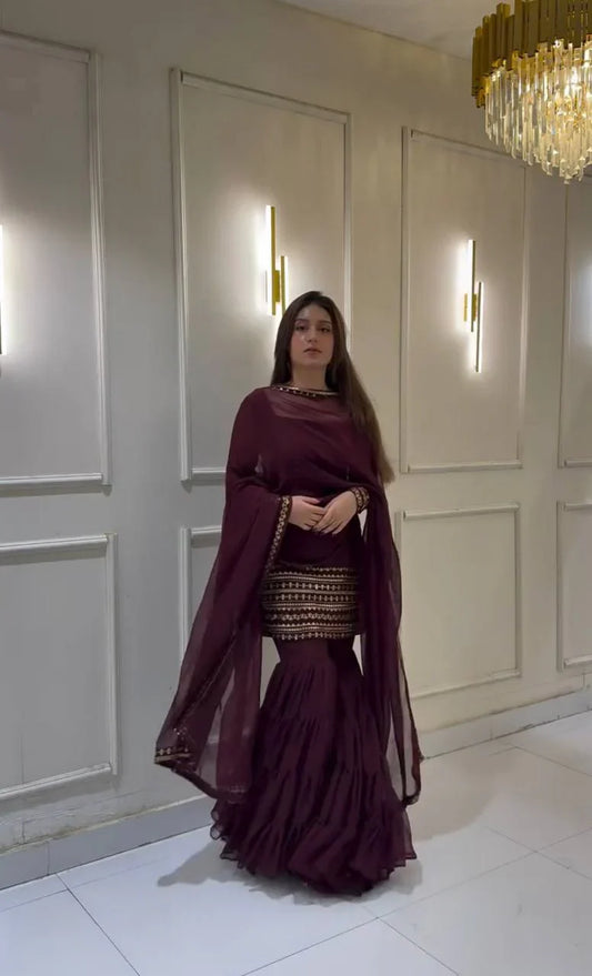 Demanding Embroidery Work Wine Color Sharara Suit