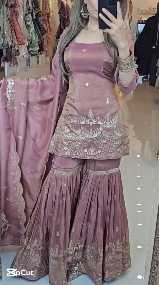 Outstanding Simmer Silk Peach Color Sharara Suit