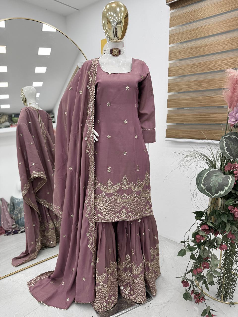 Outstanding Simmer Silk Peach Color Sharara Suit