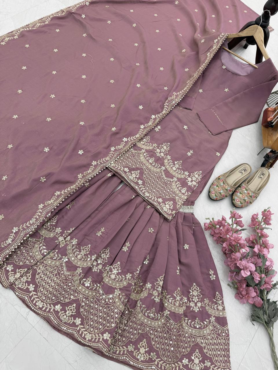 Outstanding Simmer Silk Peach Color Sharara Suit