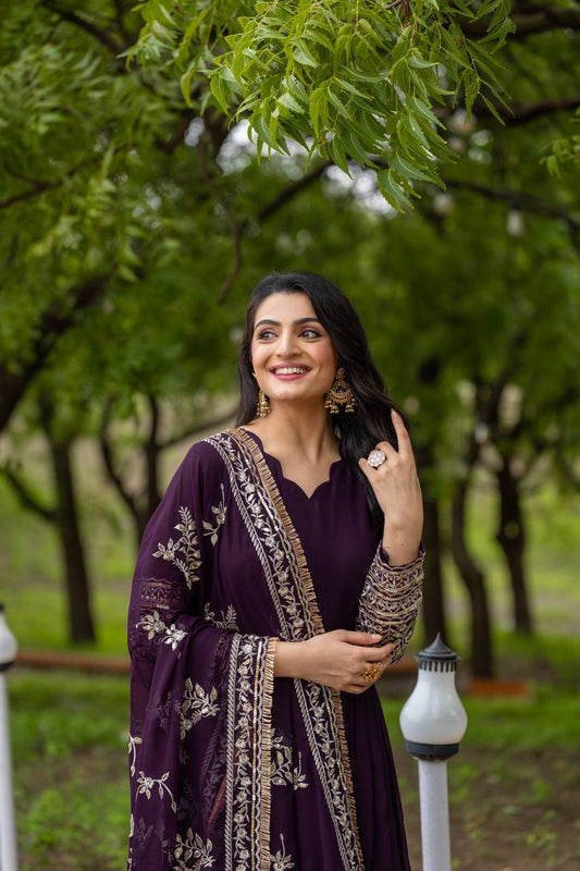 Heavy Sequence Work Wine Color Gown With Dupatta