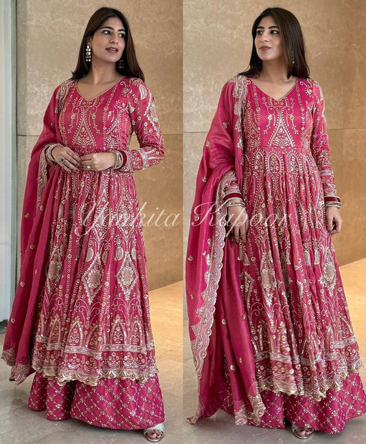 '-50%    Function Wear Pink Color Heavy Work Long Top With Sharara