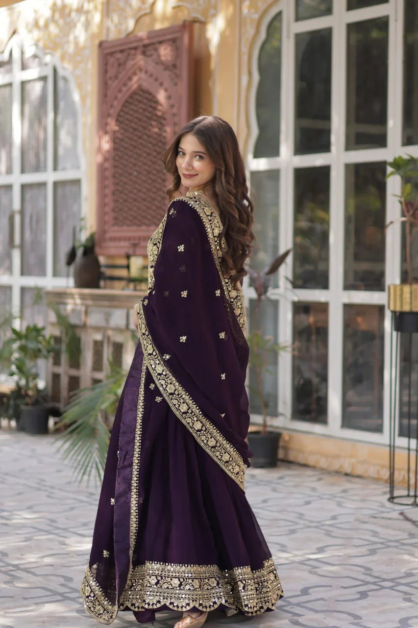 Wonderful Embroidery Work Wine Color Gown