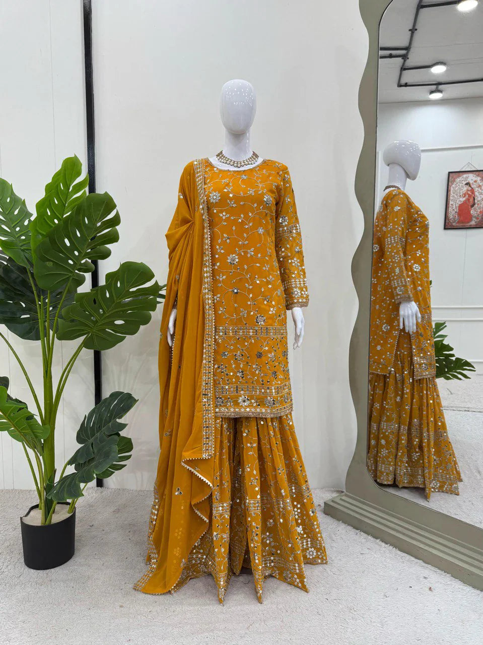 Occasion Wear Yellow Color Sequence Work Sharara Suit