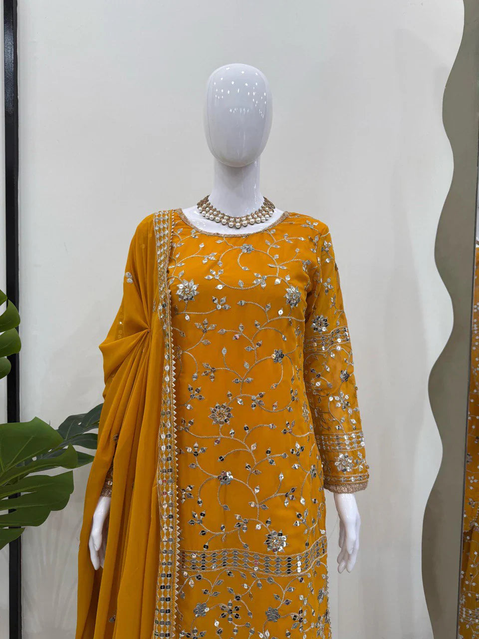 Occasion Wear Yellow Color Sequence Work Sharara Suit