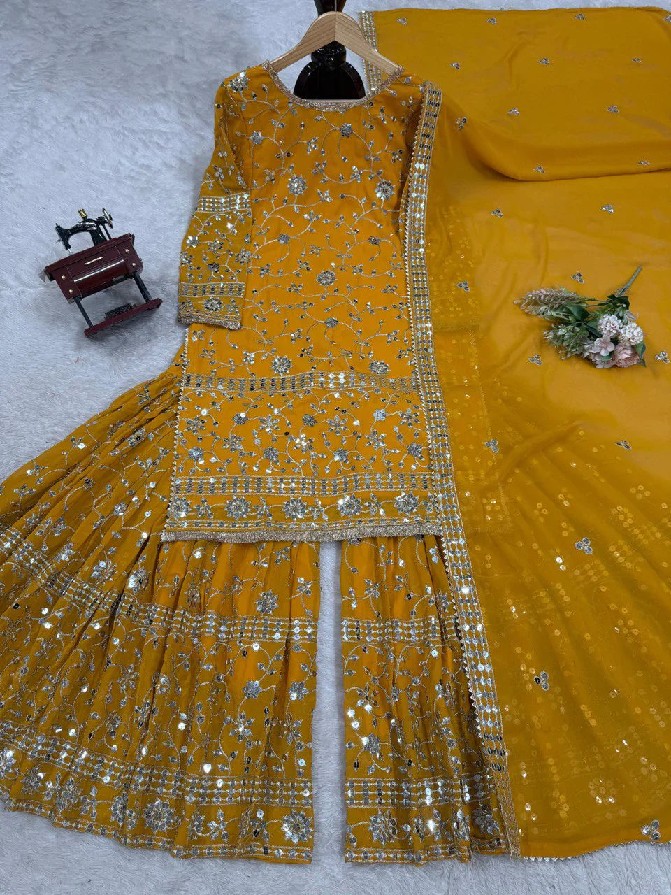 Occasion Wear Yellow Color Sequence Work Sharara Suit