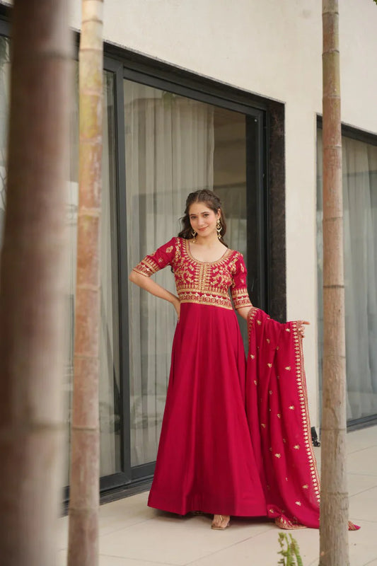 Attractive Vichitra Silk Pink Color Gown
