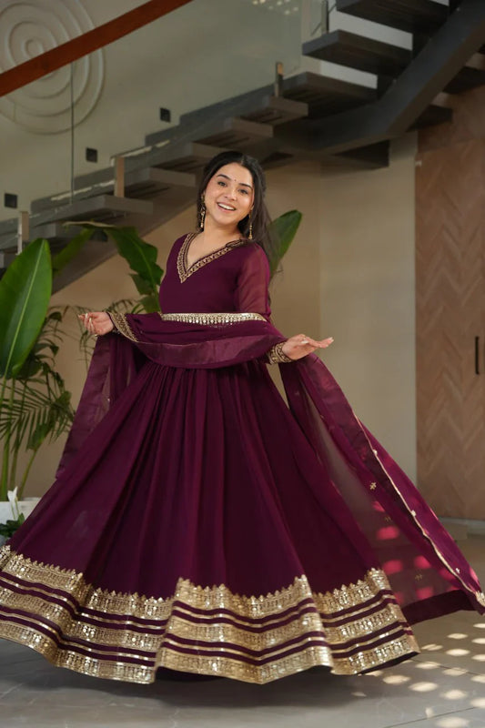 Elegant Embroidery Work Wine Color Gown