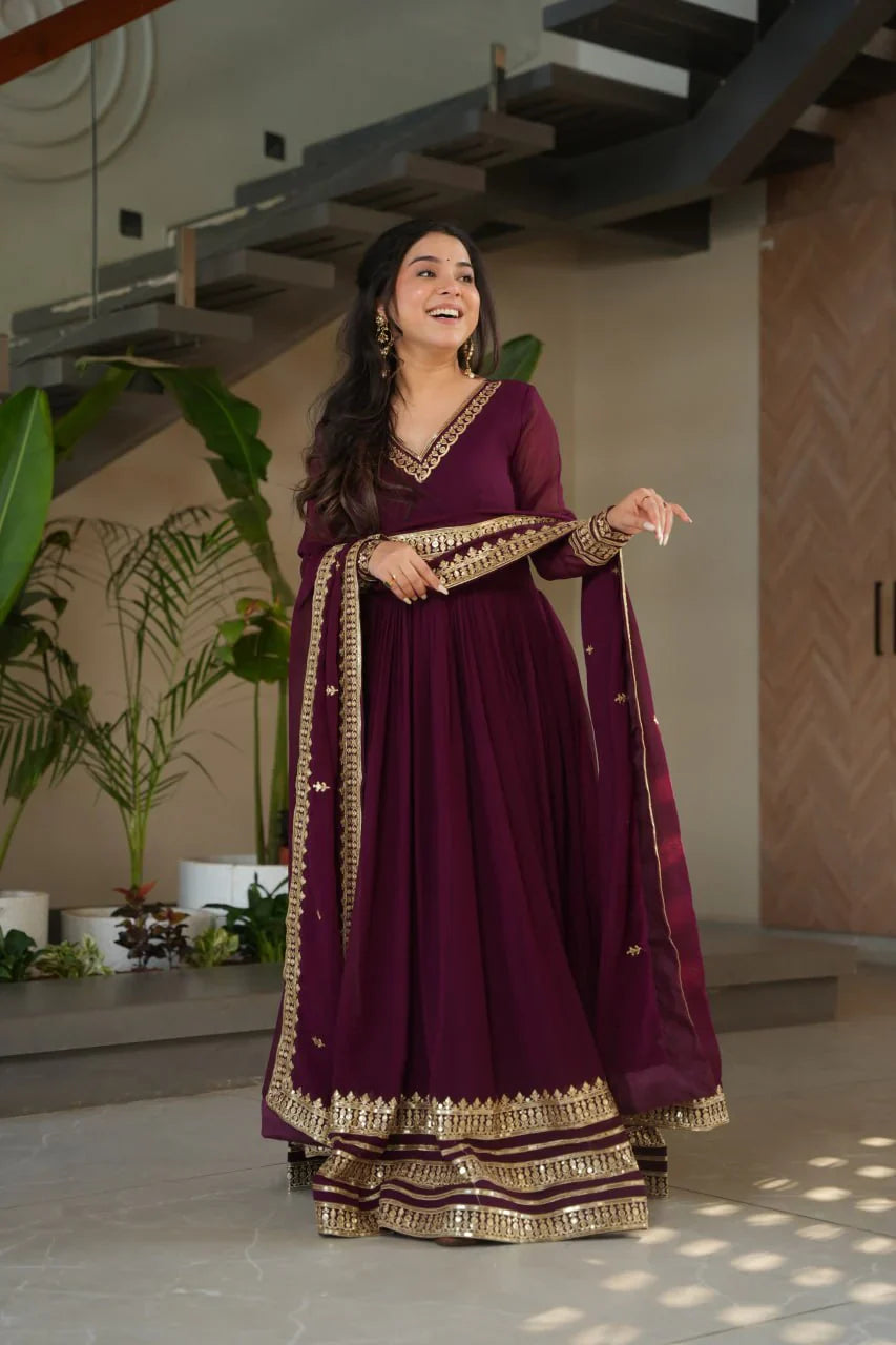 Elegant Embroidery Work Wine Color Gown