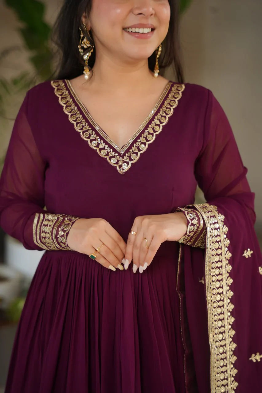 Elegant Embroidery Work Wine Color Gown
