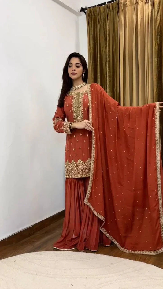 Gorgeous Embroidery Work Brown Color Sharara Suit