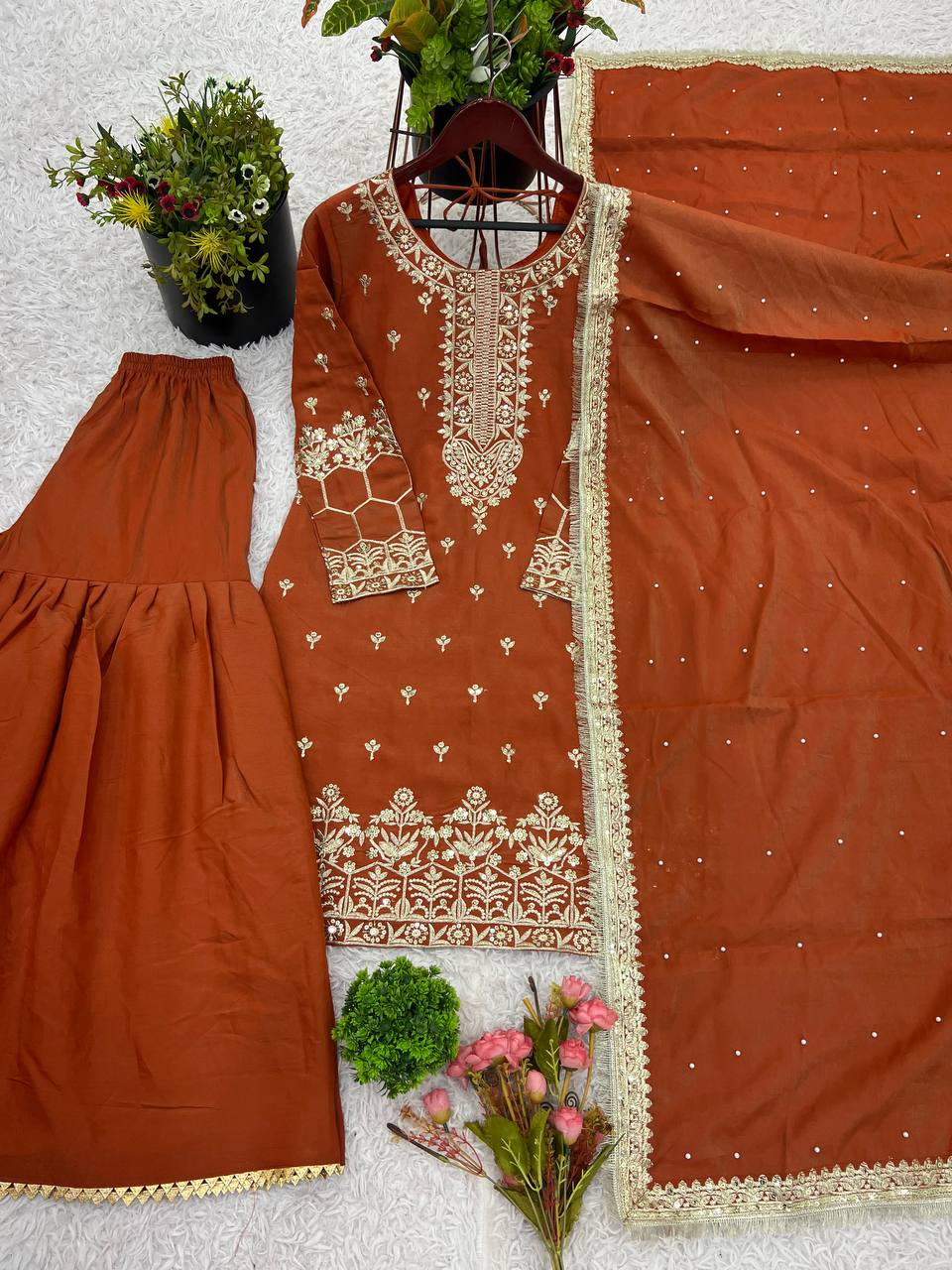 Gorgeous Embroidery Work Brown Color Sharara Suit