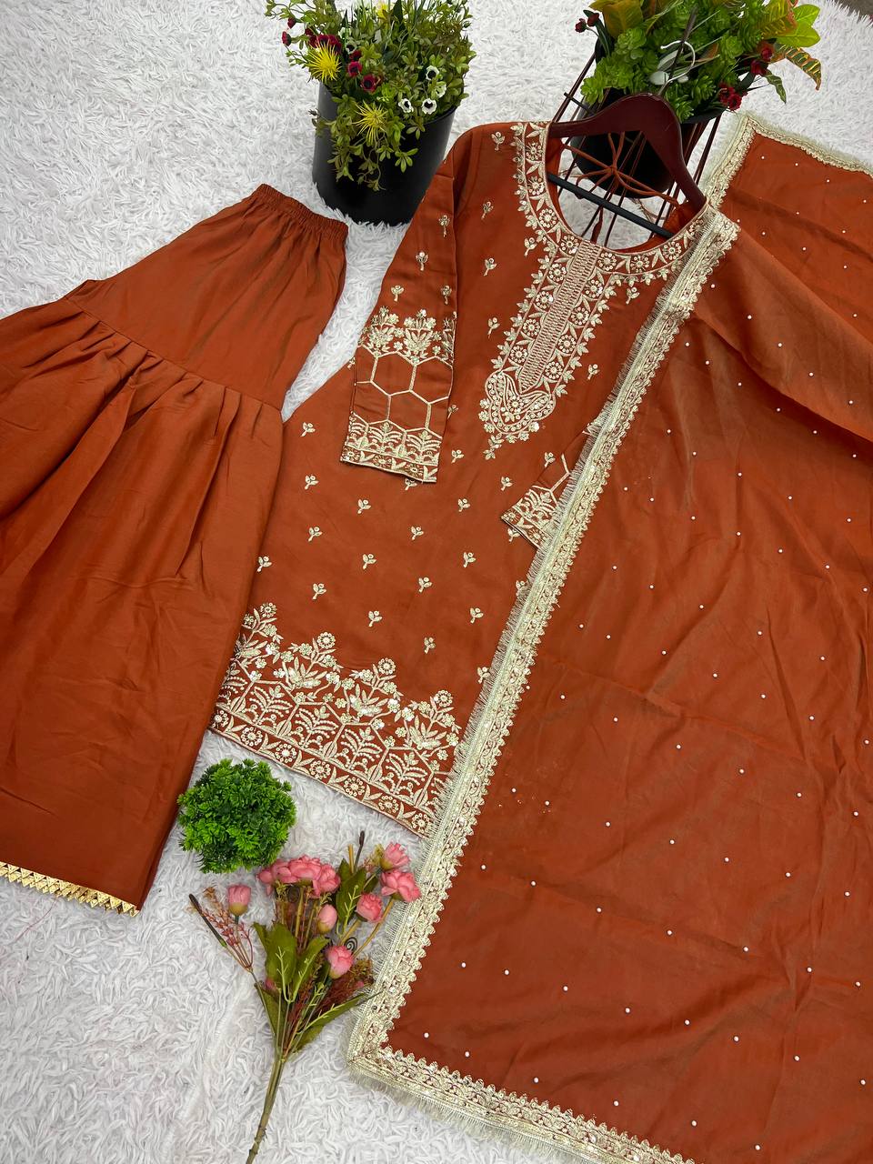 Gorgeous Embroidery Work Brown Color Sharara Suit