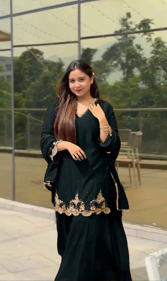 Awesome Embroidery Work Black Color Sharara Suit