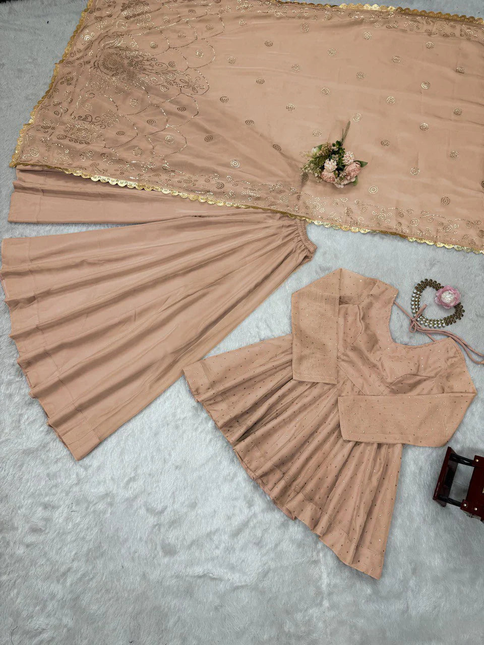 Beautiful Organza Beige Color Palazzo Suit