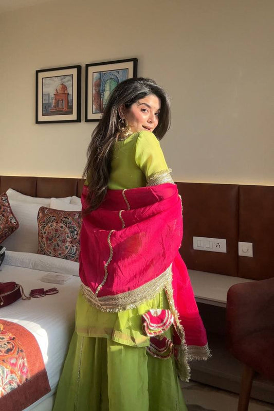 Exclusive Embroidered Work Green Color Sharara Suit