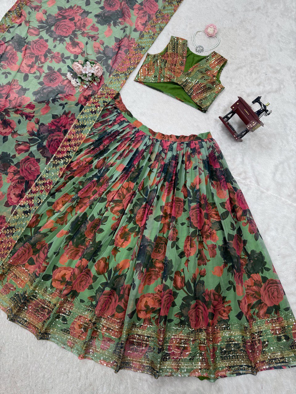 Designer Multi Flower With Green Color Lehenga Choli