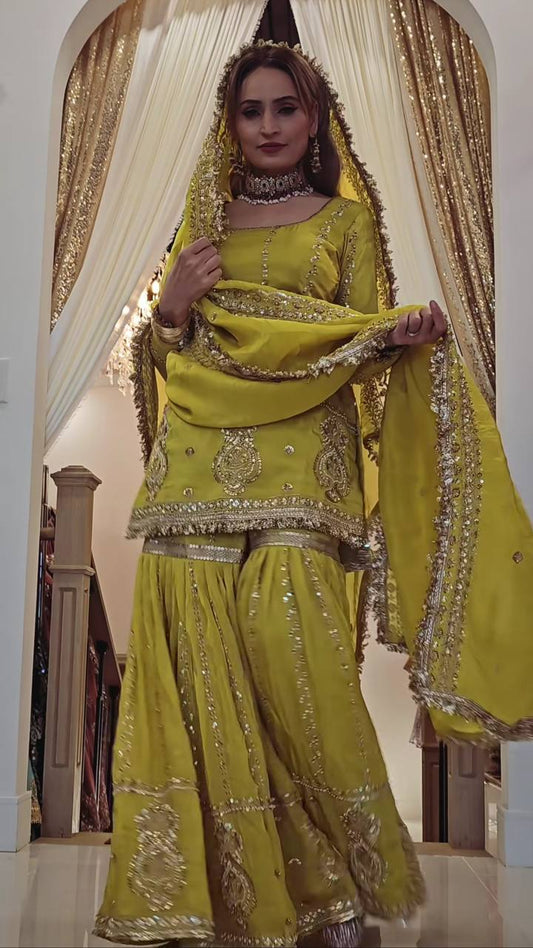 '-50%   Occasion Wear Embroidery Work Mehendi Color Sharara Suit