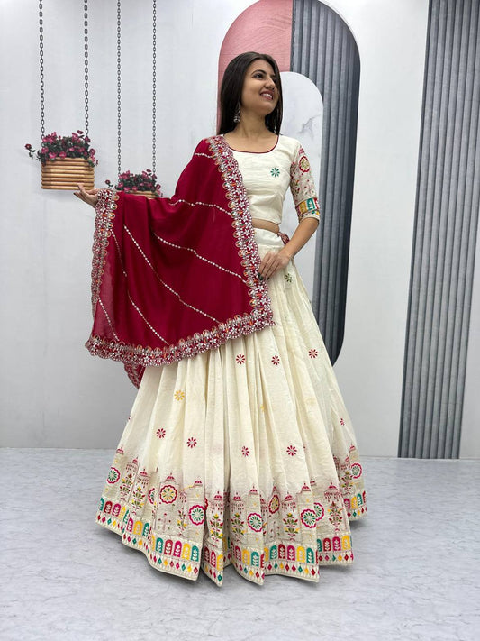 '-50%   Traditional Wear Embroidery Work White Color Lehenga Choli
