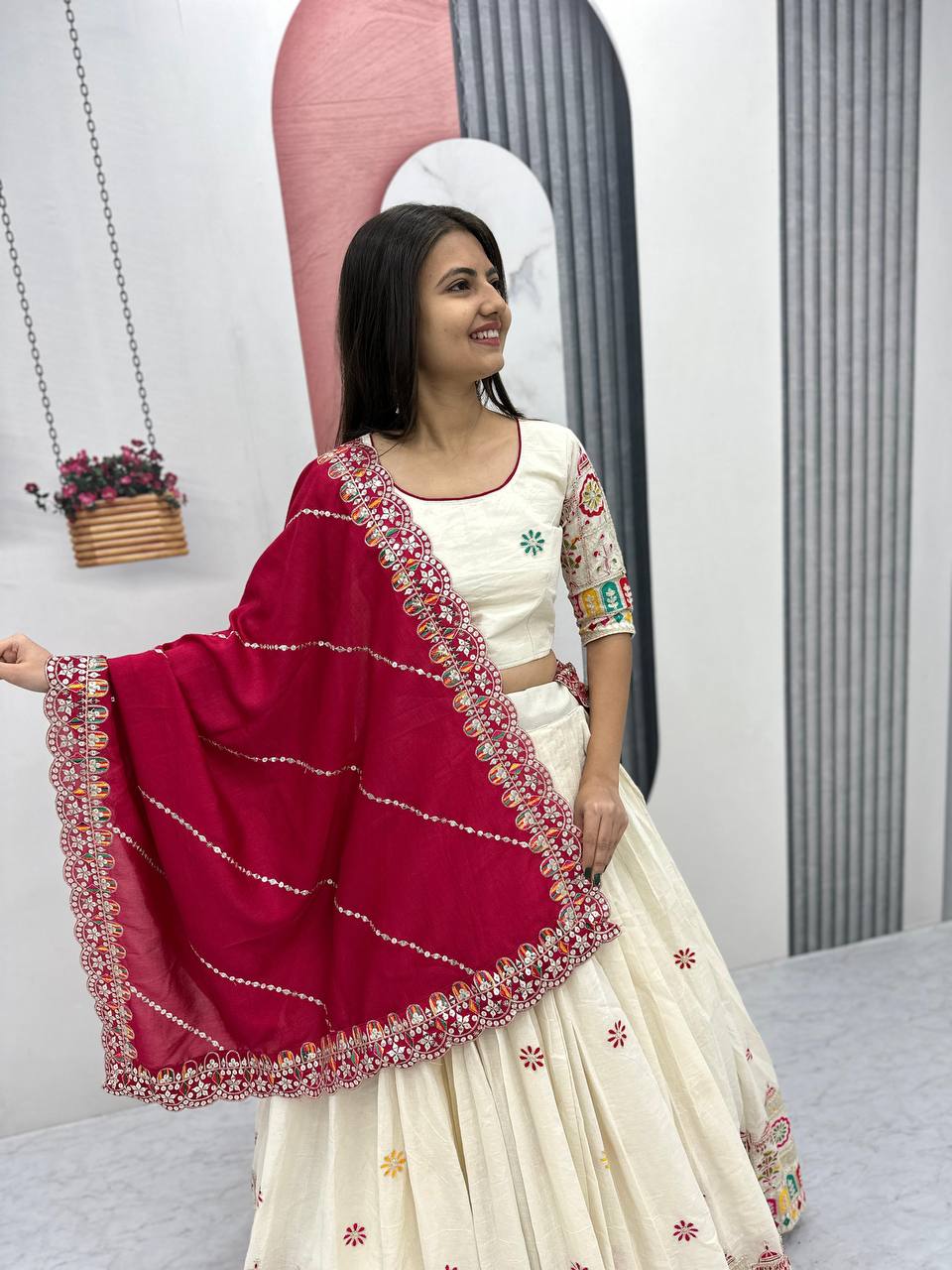 '-50%   Traditional Wear Embroidery Work White Color Lehenga Choli
