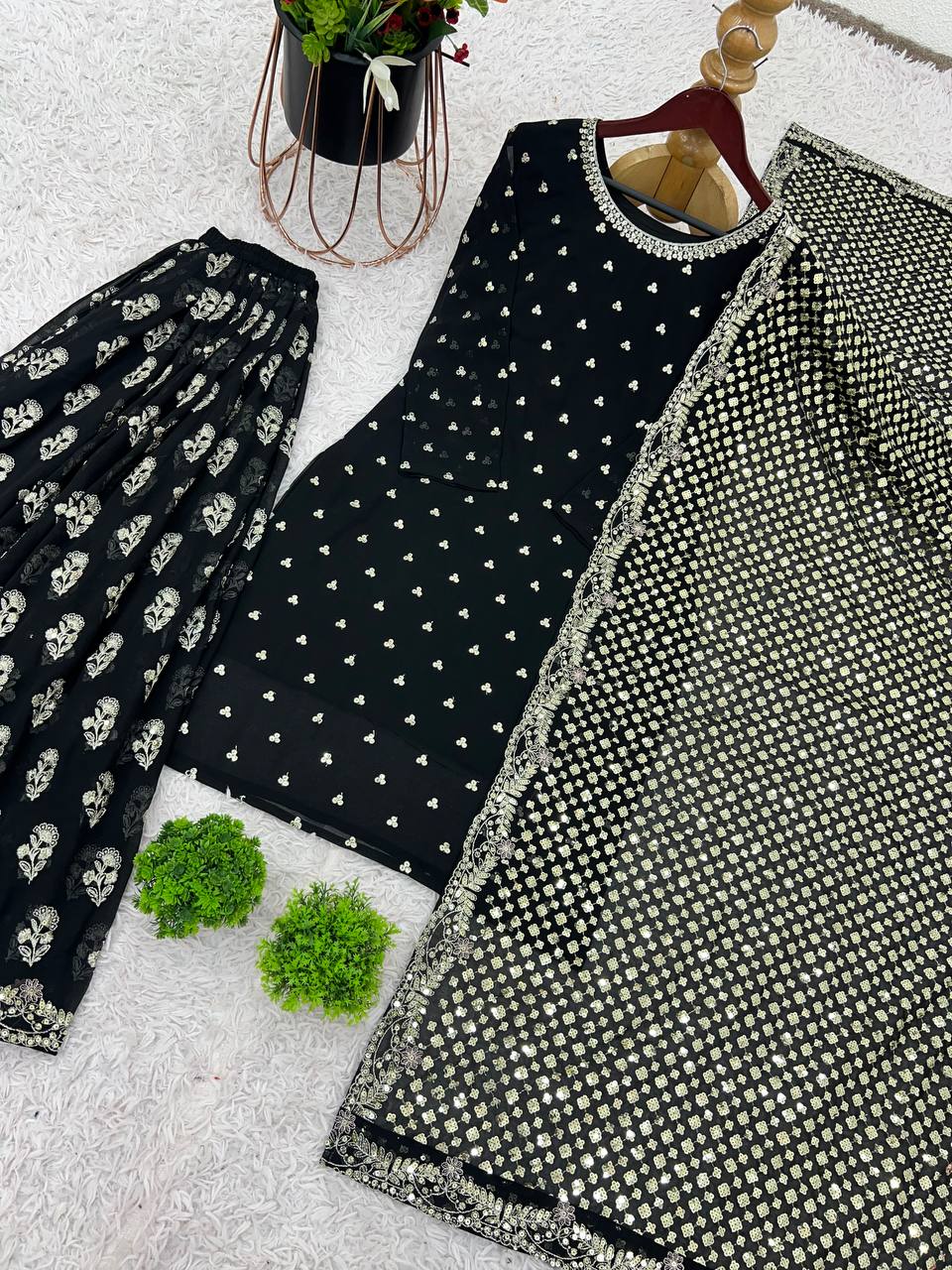 Shining Embroidery Work Black Color Sharara Suit