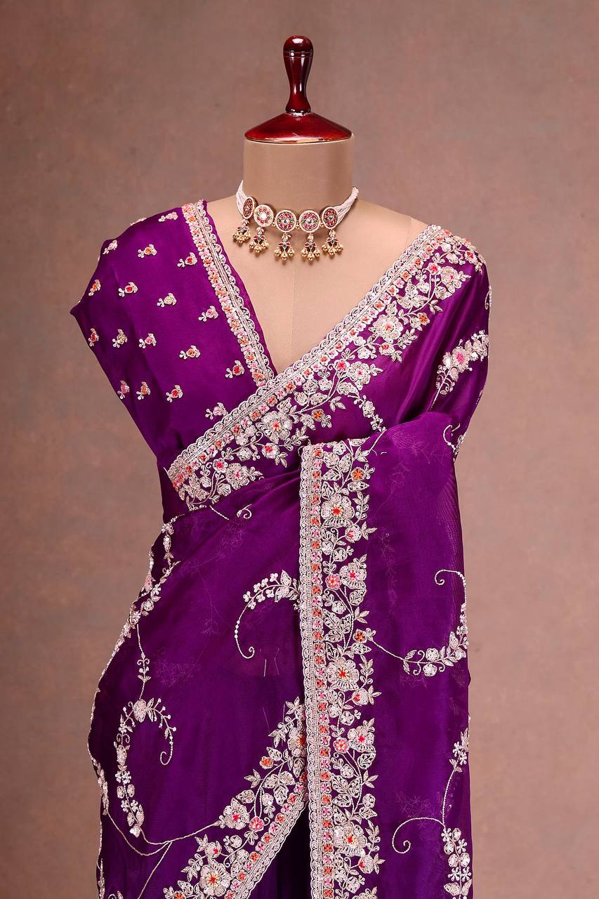 '-50%   Marriage Special Embroidery Work Purple Color Saree