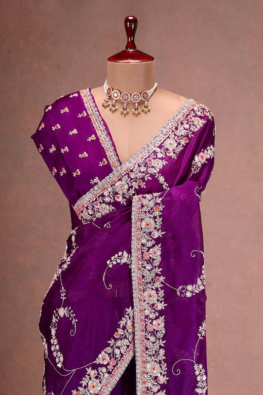 '-50%   Marriage Special Embroidery Work Purple Color Saree