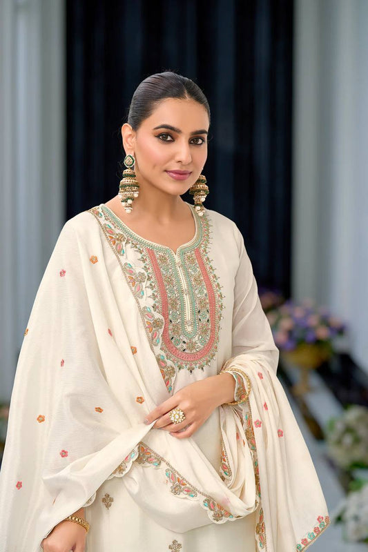 Glimmering Embroidery Work White Color Sharara Suit