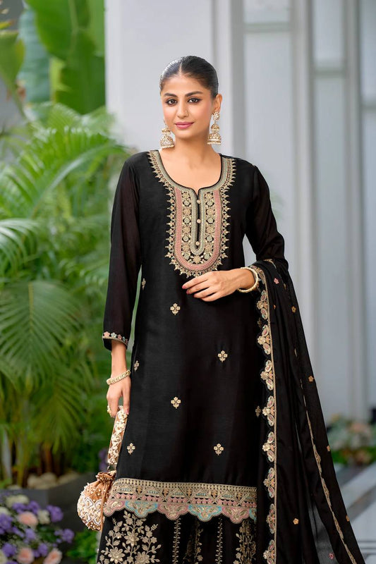 '-50%   Glimmering Embroidery Work Black Color Sharara Suit