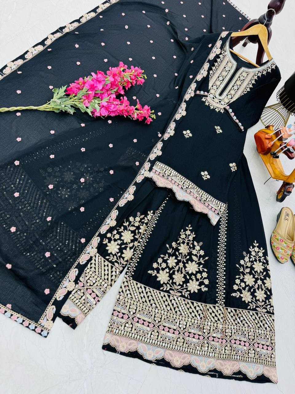 Glimmering Embroidery Work Black Color Sharara Suit