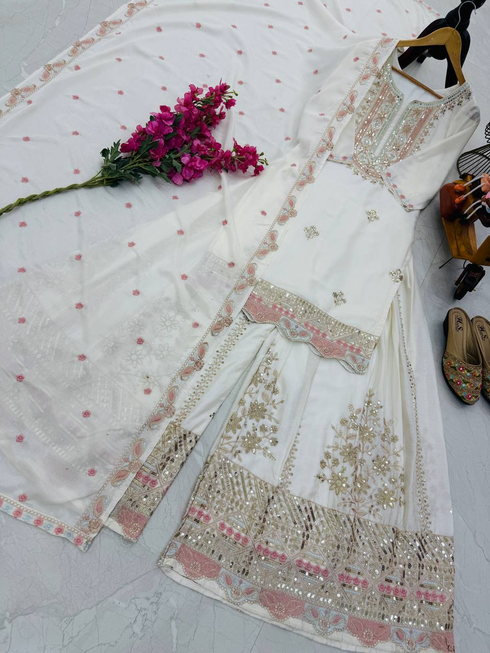 Glimmering Embroidery Work White Color Sharara Suit