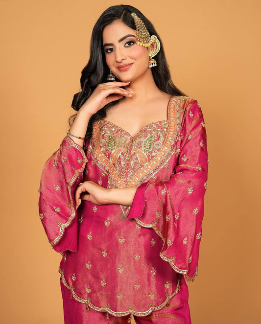 Good Looking Heavy Work Pink Color Palazzo Suit