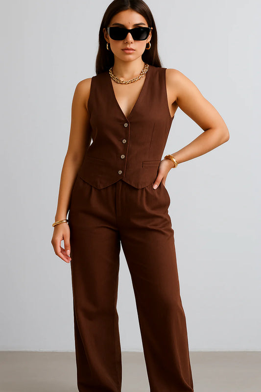 Chocolate Co-Linen Vest Coat & Trousers