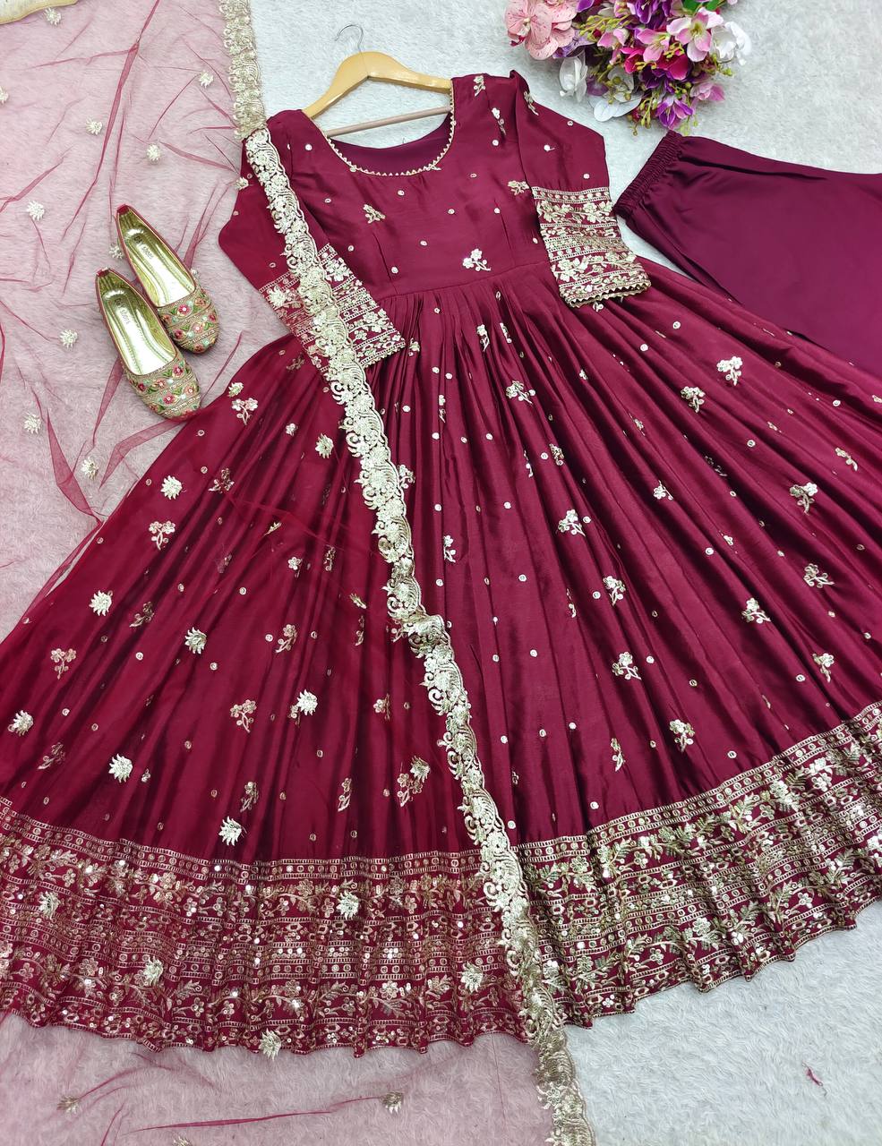 Delightful Sequins Work Wine Color Gown
