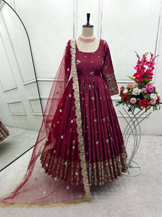 Delightful Sequins Work Wine Color Gown